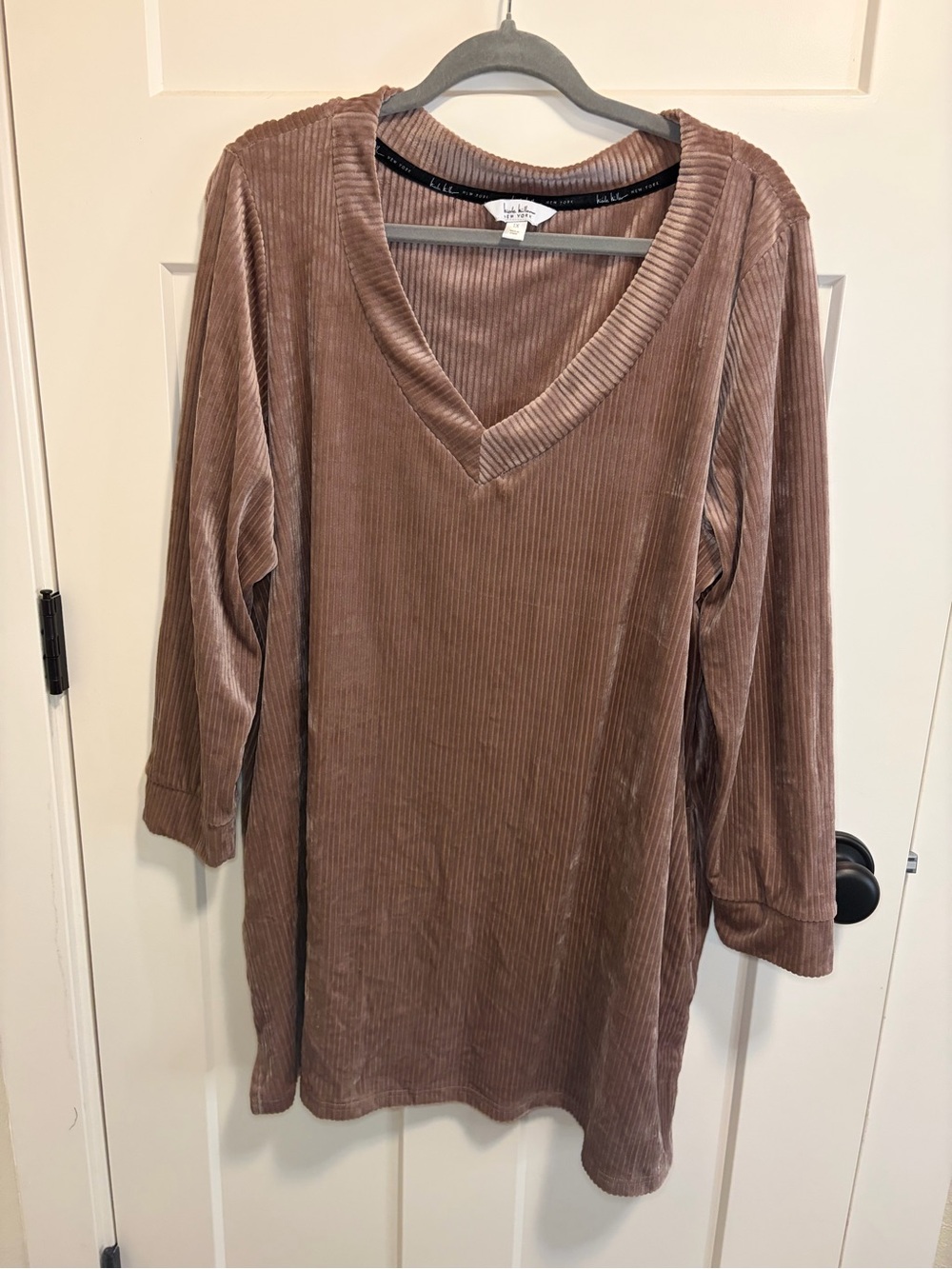 Nicole Miller Ribbed Velvet V-Neck Dress in Taupe